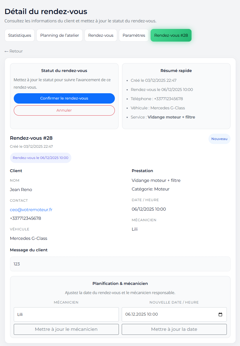 Page de détail d’un rendez-vous avec les informations du client et du véhicule