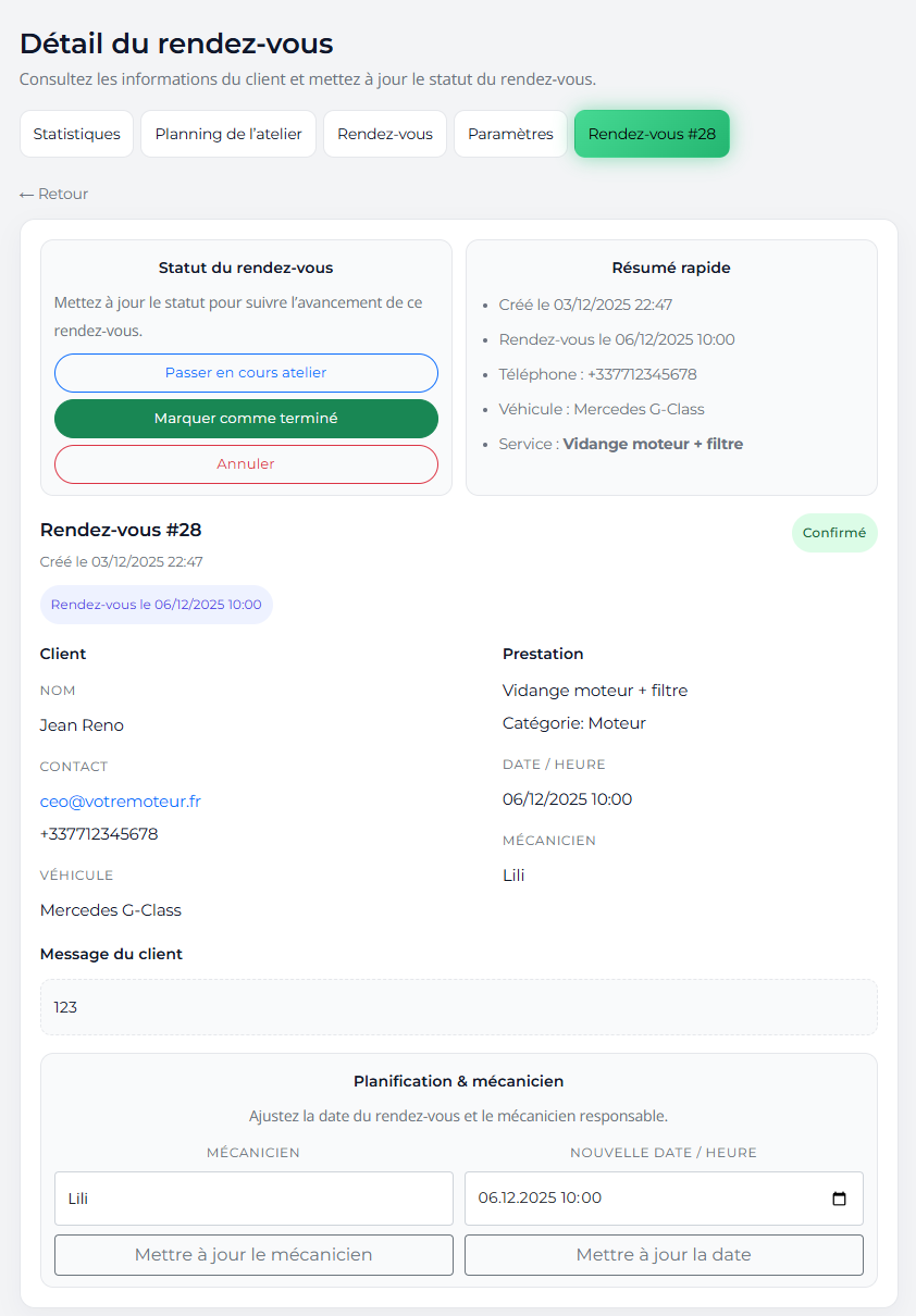 Mise à jour du statut du rendez-vous et planification du mécanicien