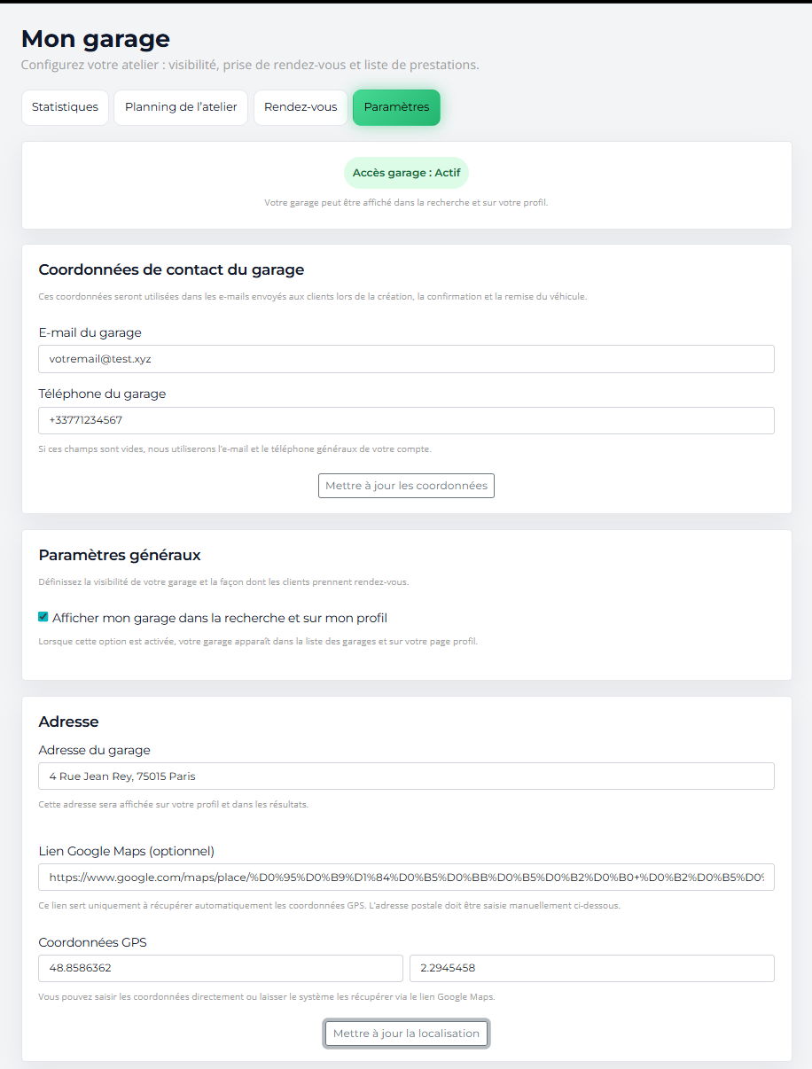 Interface de configuration des coordonnées, visibilité et adresse du garage