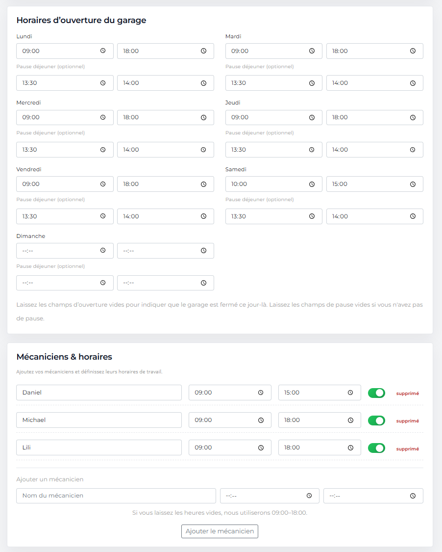 Interface de configuration des horaires d’ouverture du garage et des mécaniciens