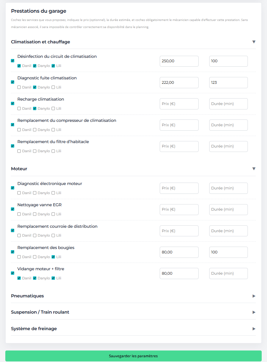 Interface de sélection des prestations, prix, durée et mécaniciens associés