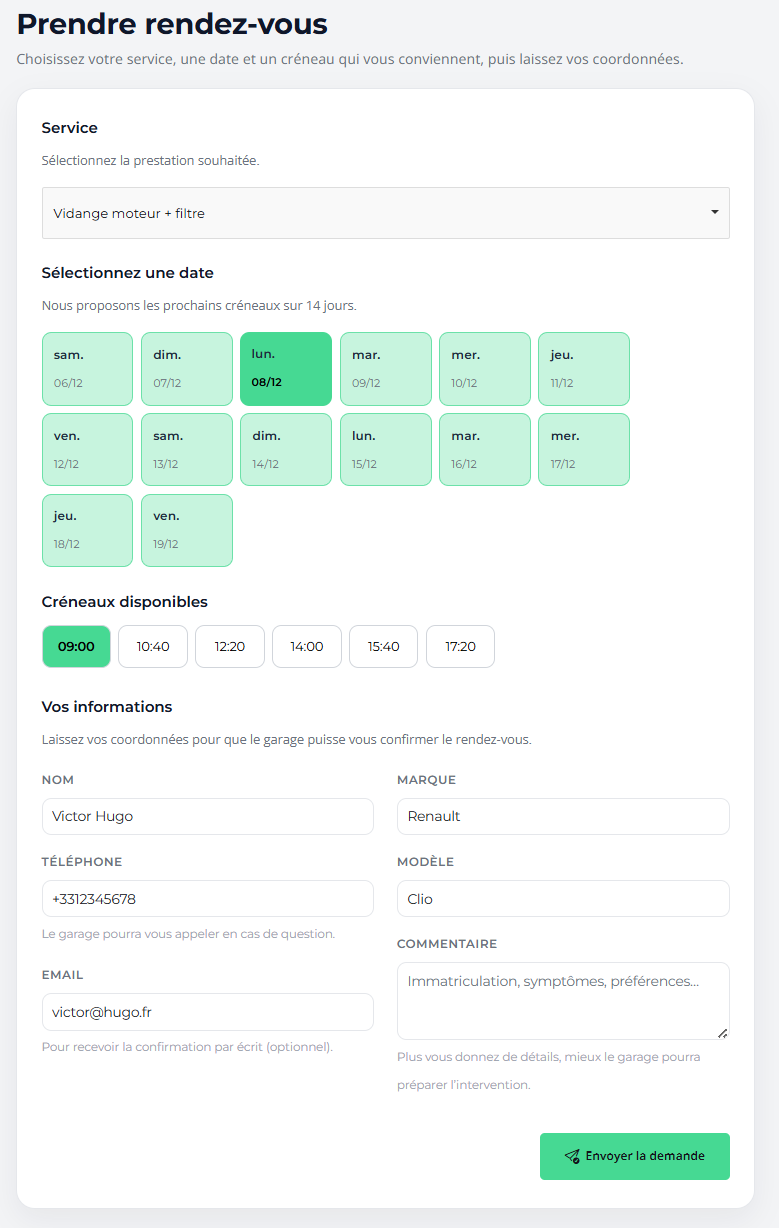 Interface de prise de rendez-vous en ligne pour l’atelier