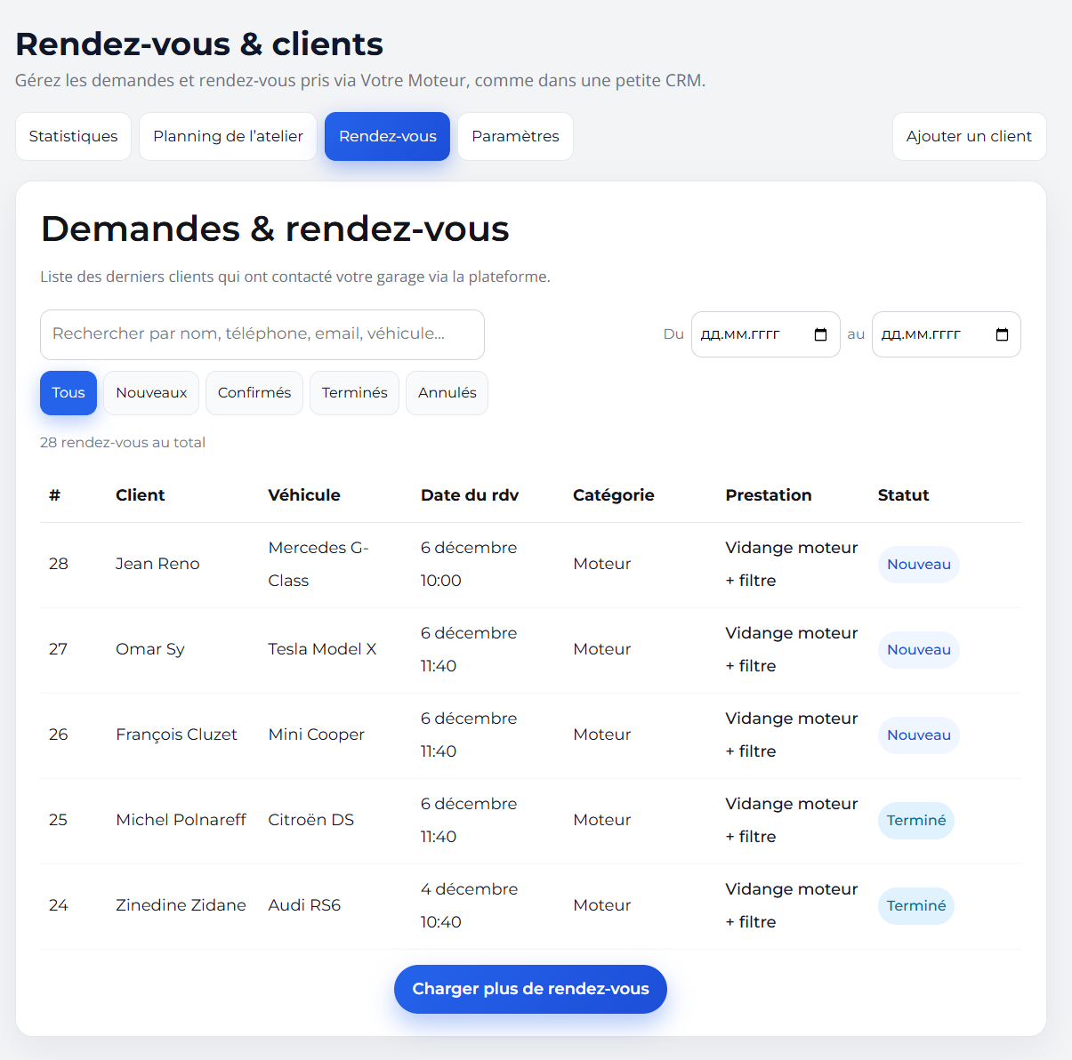 Interface de gestion des demandes et rendez-vous clients dans l’atelier