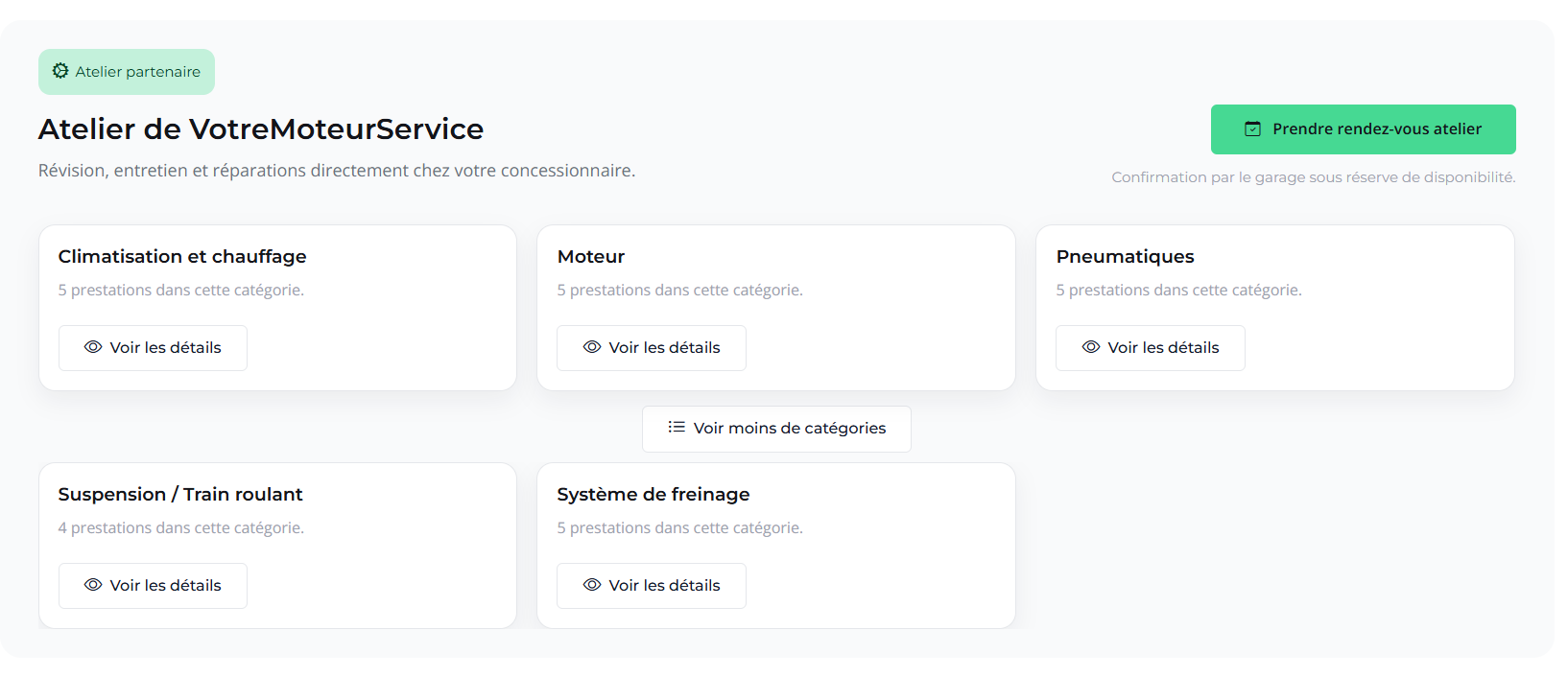 Interface de présentation des services d’atelier avec catégories, tarifs et temps d’intervention